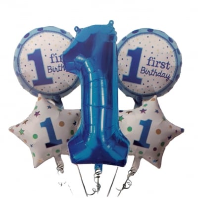 Комплект сини балони за първи рожден ден с цифра, 5 броя