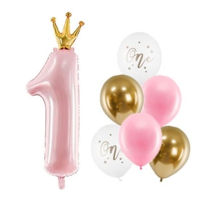 Комплект балони One, първи рожден ден, розова цифра с коронка, 7 броя