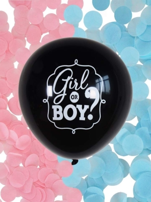 Черен балон Girl or Boy, разкриване пола на бебето, 80 см + розови и сини конфети