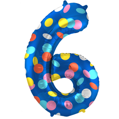 Син фолиев балон цифра 6, цветни точки, 100 см