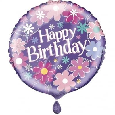 Пъстър лилав балон с цветя Happy Birthday, кръг, 45 см