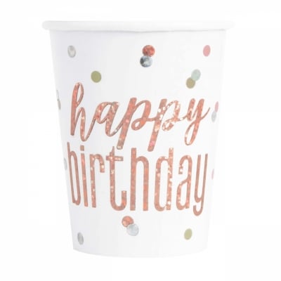 Парти чаши Розово злато Happy Birthday, с холографен ефект, 8 броя