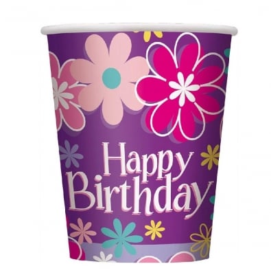 Пъстри лилави чаши с цветя Happy Birthday, 8 броя