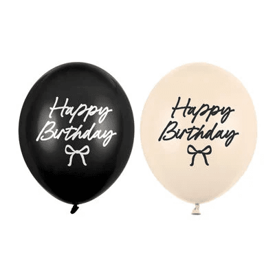 Черни и бежови балони Happy Birthday с панделка, микс 5 броя