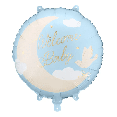 Син фолиев балон Welcome baby с луна и гълъб, кръг 45 см