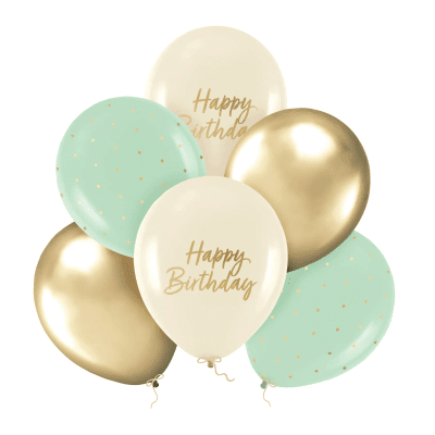 Балони с печат Happy Birthday, зелени, бежови и златни, 6 броя