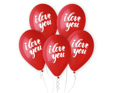 Червени балони с бял надпис I Love you, 5 броя