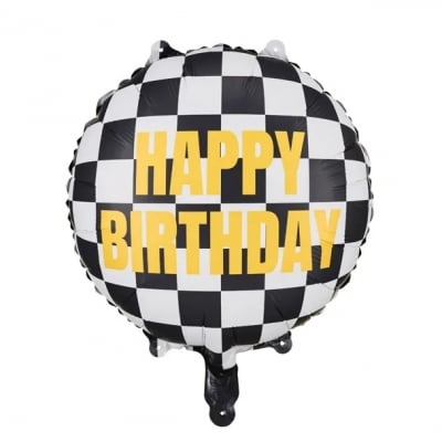 Фолиев балон Happy Birthday на бели и черни квадрати, рали, финиш, кръг