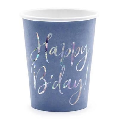 Синьо-лилави чаши с надпис Happy Birthday холограмно сребро, 6 броя