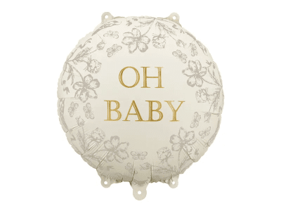 Фолиев балон крем с флорални мотиви и златен надпис Oh Baby