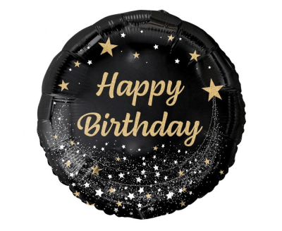 Черен фолиев балон златист надпис Happy Birthday, кръг 45 см