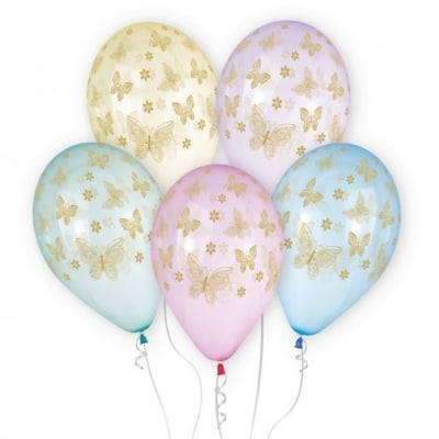 Кристални балони с печат златни пеперуди, микс 5 броя
