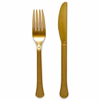 24 пластмасови златни прибори - 12 вилички, 12 ножа