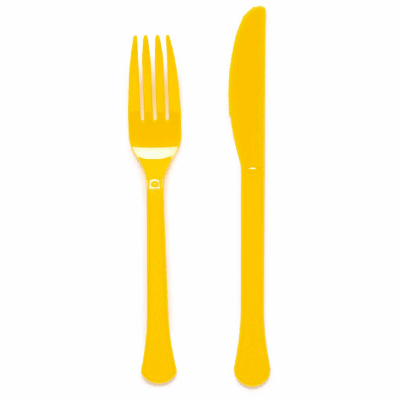 24 пластмасови жълти прибори 12 вилички, 12 ножа