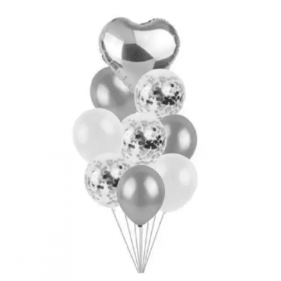 Комплект балони сребро сърце фолио и латексови балони, 9 броя