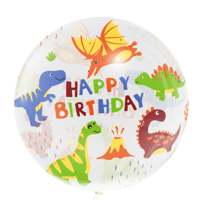 Прозрачен балон сфера Happy Birthday, динозаври