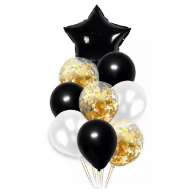 Комплект балони черно-златни звезда, 9 броя