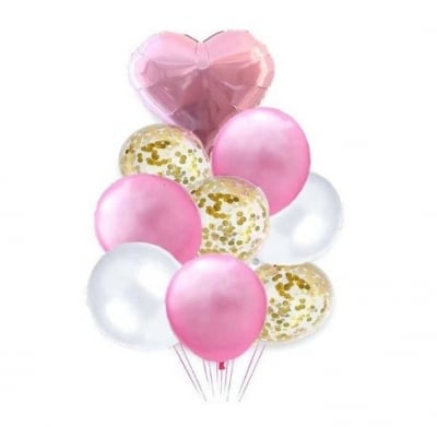 Розово-златен комплект балони сърце, 9 броя