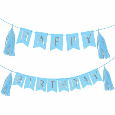 Банер за рожден ден син със сребърни букви Happy birthday и 4 тасели