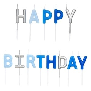Разноцветни Свещички за торта букви Happy Birthday в синьо и сребро