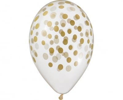 Прозрачни Балони с печат Златни конфети - 33 см, 5 броя
