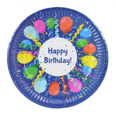 Парти чинийки Happy Birthday сини с балончета 23 см, 10 броя