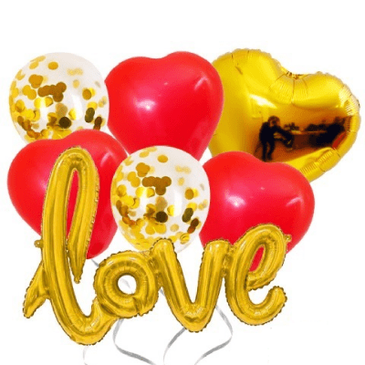 Комплект балони с надпис LOVE в златно и червено, 7 броя