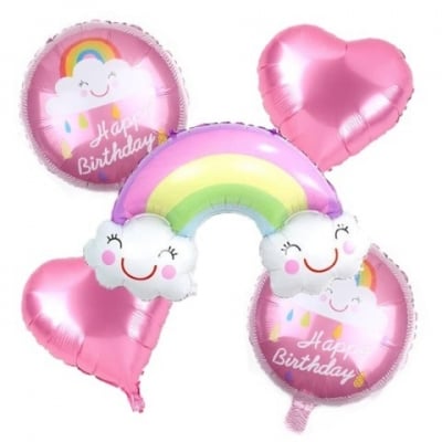 Комплект балони Дъга и облак розов металик, 5 броя