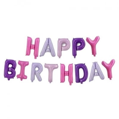 Разноцветен надпис Happy Birthday от балони - розово и лилаво