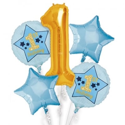 Комплект балони цифра 1, първи рожден ден в синьо и златно, 5 броя