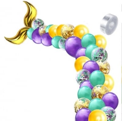 Опашка на русалка - комплект балони за арка в златно, лилаво и зелено
