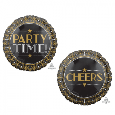 Черно-златен балон Party Time, Cheers, кръг, 43 см