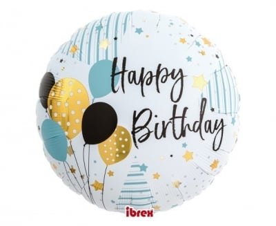 Балон Happy Birthday / Честит Рожден Ден (бяло, синьо и златно)