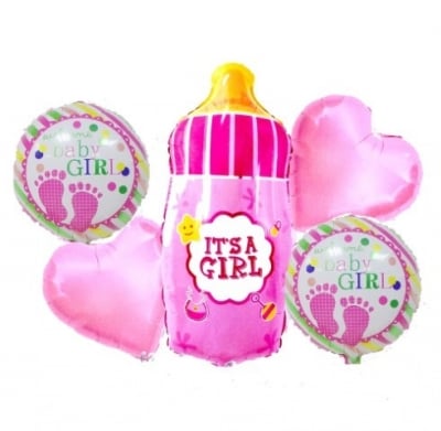 Комплект фолиеви балони за бебе момиче Бебешко шише, 5 броя