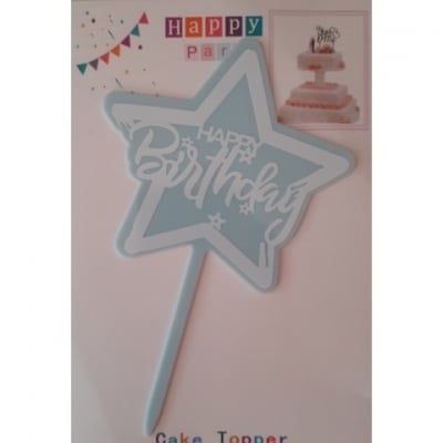 Топер за торта Happy Birthday светлосиня звезда
