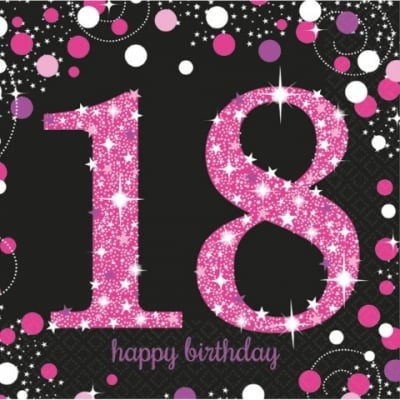 Салфетки за 18-и рожден ден в черно и розово, 16 броя