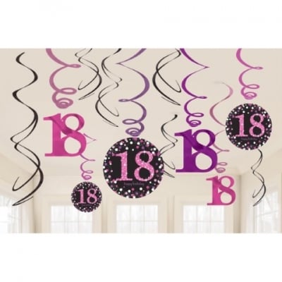 Висящи декорации за 18-и рожден ден в черно и розово, 12 броя