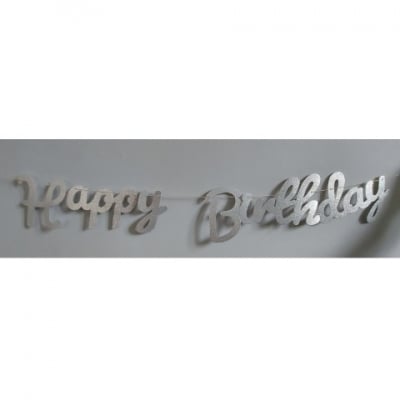 Банер Happy Birthday сребрист брокат ръкописни букви
