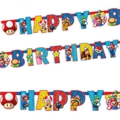 Гирлянд банер "Happy Birthday" картон Супер Марио, Super Mario - 190 х 15см