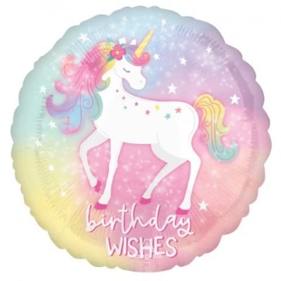 Фолиев балон Еднорог в пастелни цветове Birthday Wishes, кръг 43 см