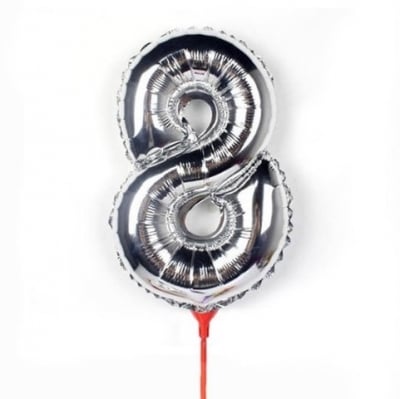 Фолиев балон на пръчка цифра 8 - сребро металик, 40 см