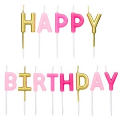 Свещички за торта букви Happy Birthday, розови и златни
