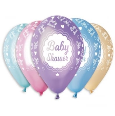 Разноцветни балони металик с надпис BABY SHOWER, 5 броя
