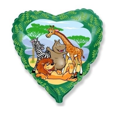 Фолиев балон за парти сафари джунгла животни сърце, 43 см