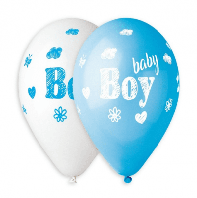 Балони за бебешко парти Baby Boy - бебе момче 33 см в бяло и синьо, 5 броя
