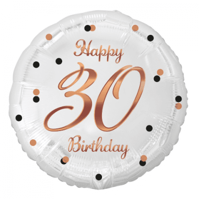 Балон за 30-и рожден ден, бял, принт розово злато, кръг 43 см
