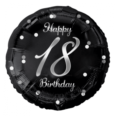 Балон за 18-и рожден ден, черен, сребърен принт, кръг 43 см