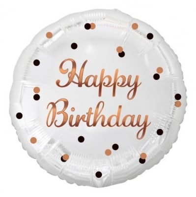 Бял балон за рожден ден с надпис Happy Brthday в розово злато, кръг 43 см