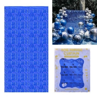 Ресни за фонова декорация стена син металик фолио, малки квадратчета 100 х 200 см