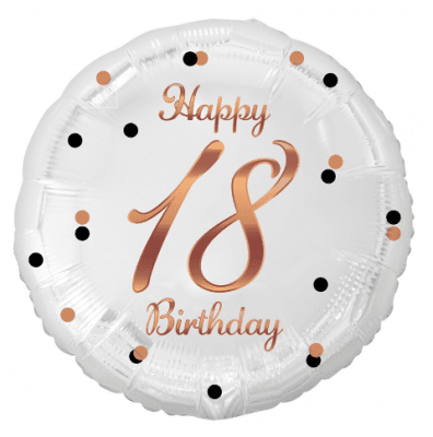 Бял балон с надпис розово злато за 18-и рожден ден, 18 години, кръг 43 см